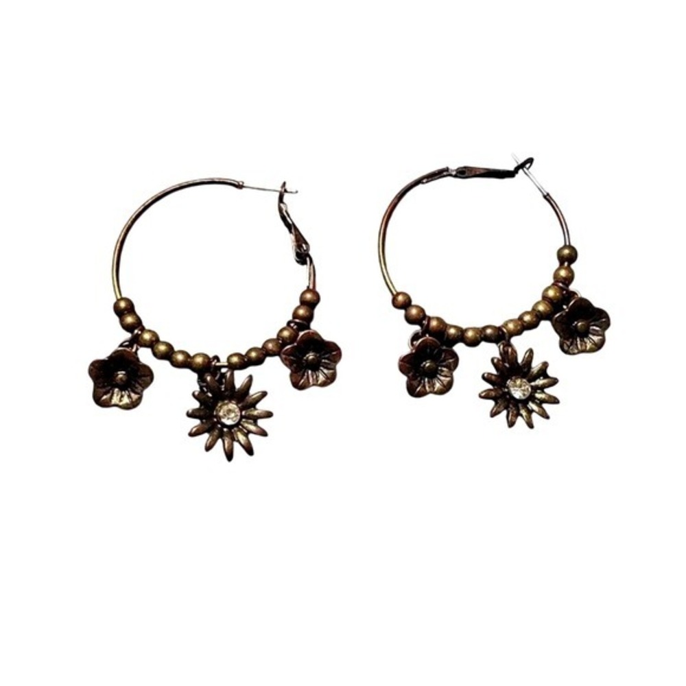 Lucky Brand Antique Bronze Floral Beaded Earrings Rhinestone Sunflower Charms